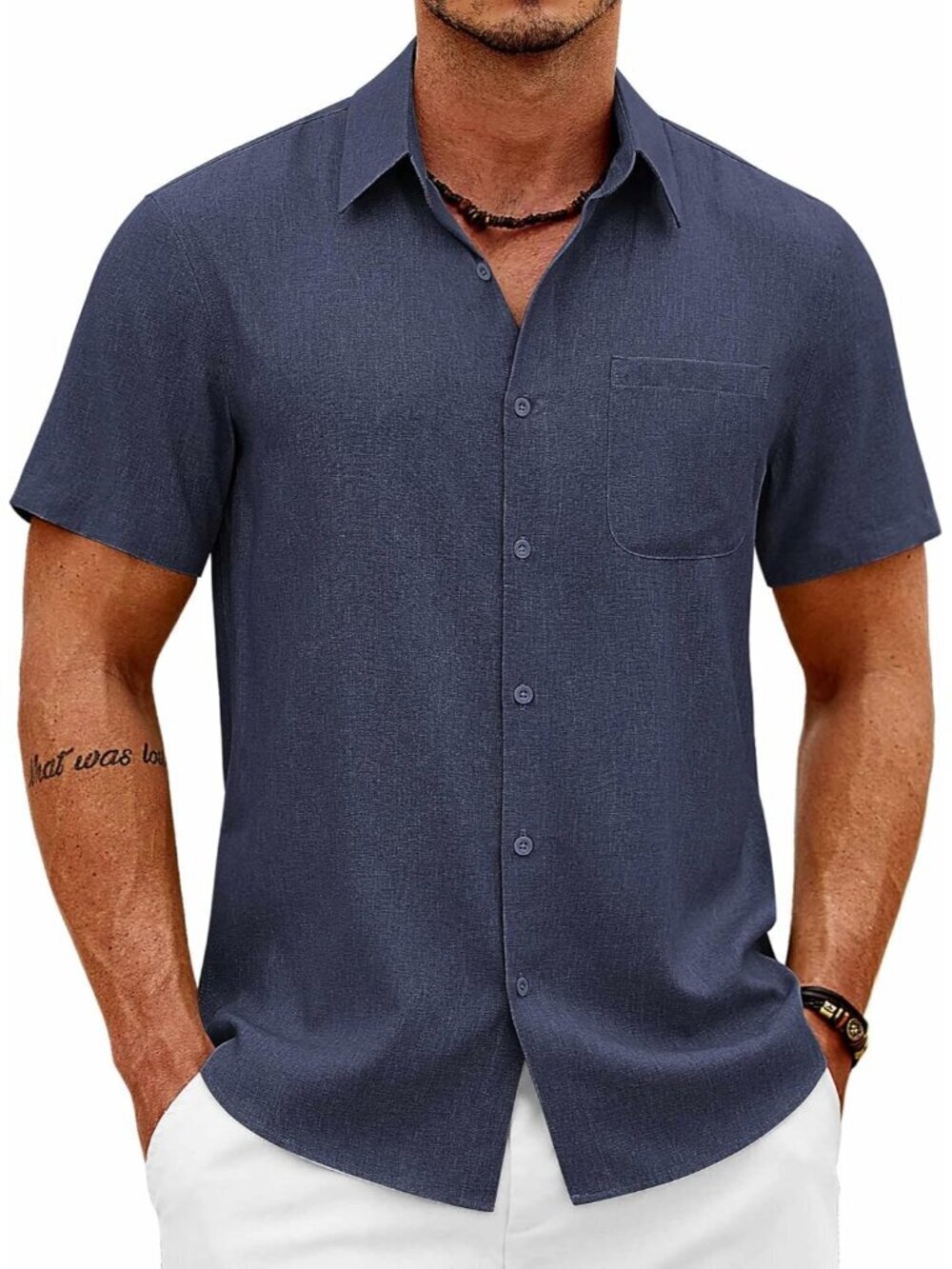 Men's Navy Blue Short Sleeve Casual Summer Beach Linen Button Down Shirts